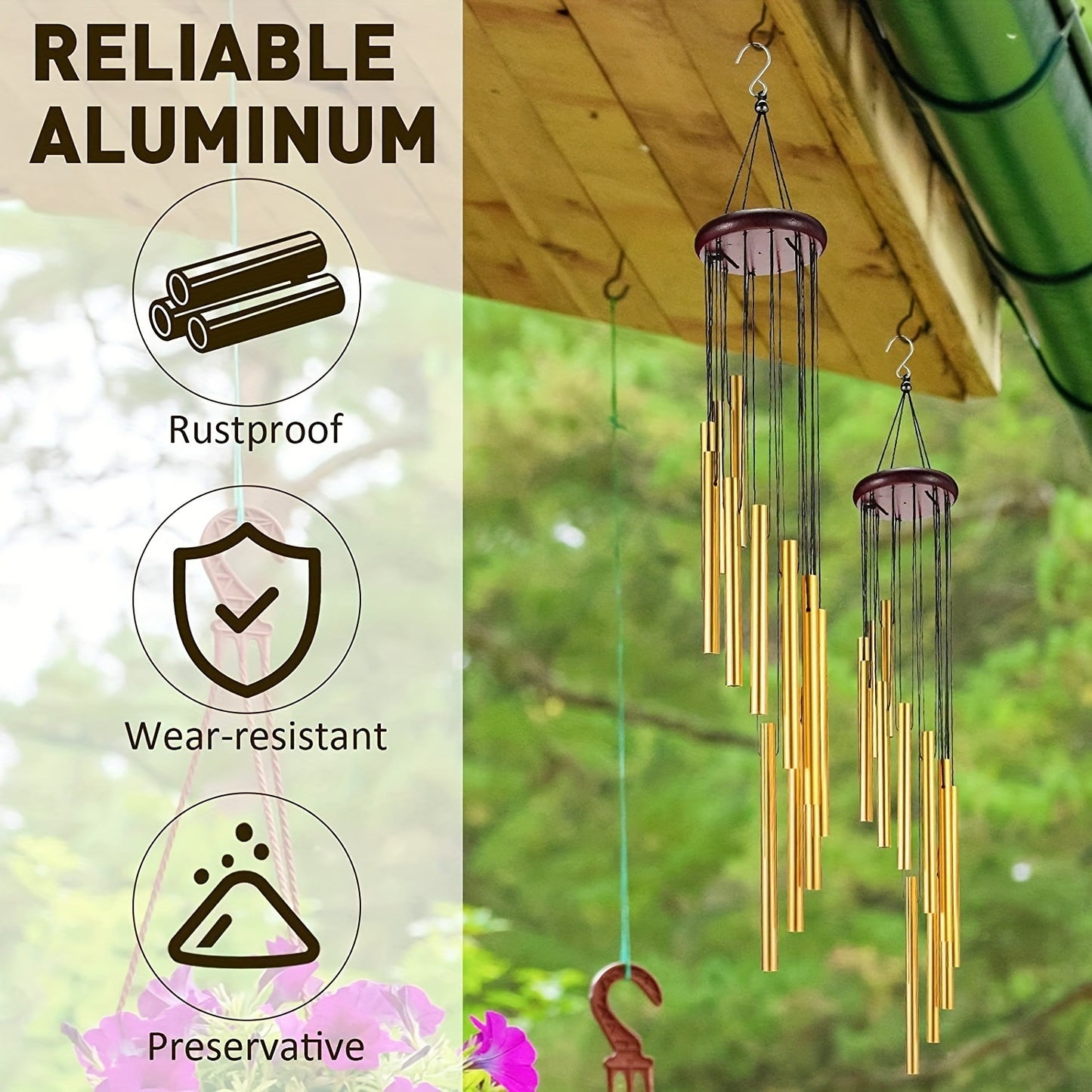 1pc, 21.6 Inches Golden Vintage Wind Chime (12 Aluminum Tubes With Hooks), Creative Gift, Birthday Gift, Mother's Day Gift, Indoor Decor, Outdoor Decor, Room Decor, Garden Decor, Holiday Decor