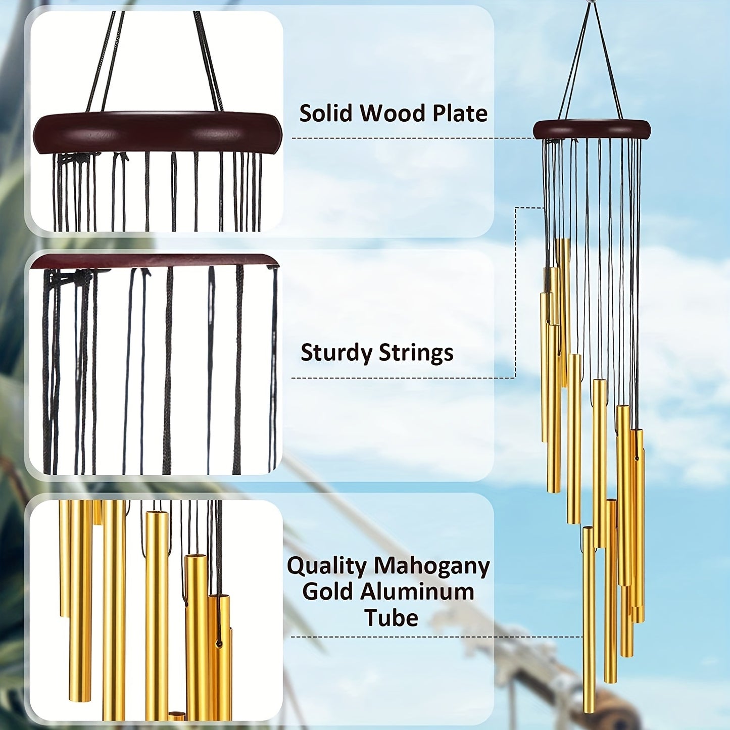 1pc, 21.6 Inches Golden Vintage Wind Chime (12 Aluminum Tubes With Hooks), Creative Gift, Birthday Gift, Mother's Day Gift, Indoor Decor, Outdoor Decor, Room Decor, Garden Decor, Holiday Decor