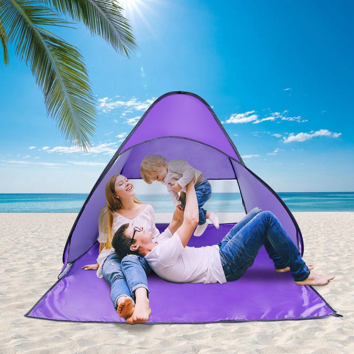 Pop Up Beach Tent Sun Shade Shelter Anti-UV Automatic Waterproof Tent Canopy for 2/3 Man w/ Net Window Storage Bag