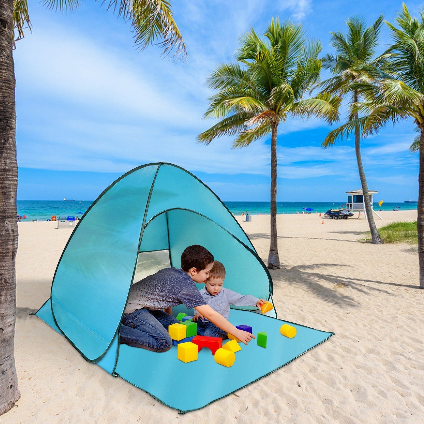 Pop Up Beach Tent Sun Shade Shelter Anti-UV Automatic Waterproof Tent Canopy for 2/3 Man w/ Net Window Storage Bag