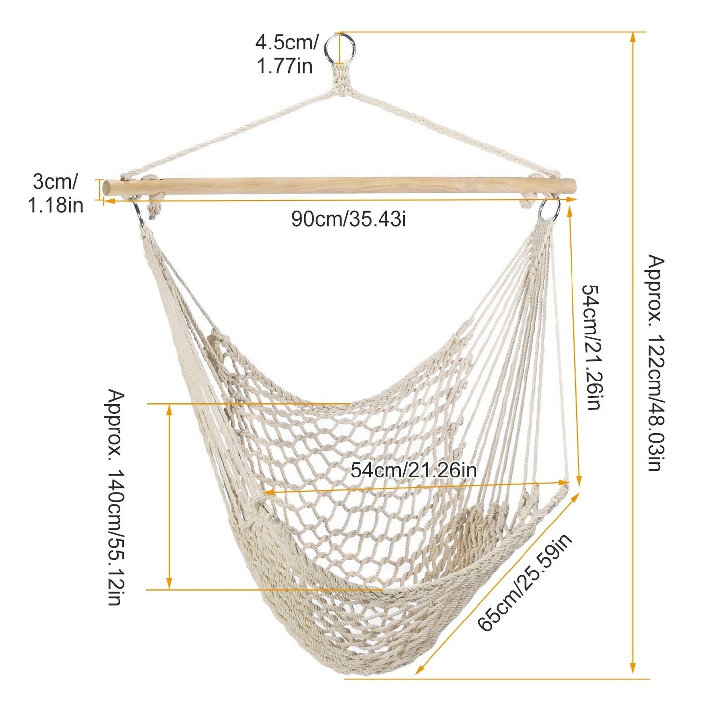 Hammock Chair Hanging Rope Seat Swing w/ Wooden Stick 220lbs Load for Patio Yard Porch Outdoor Bedroom Indoor