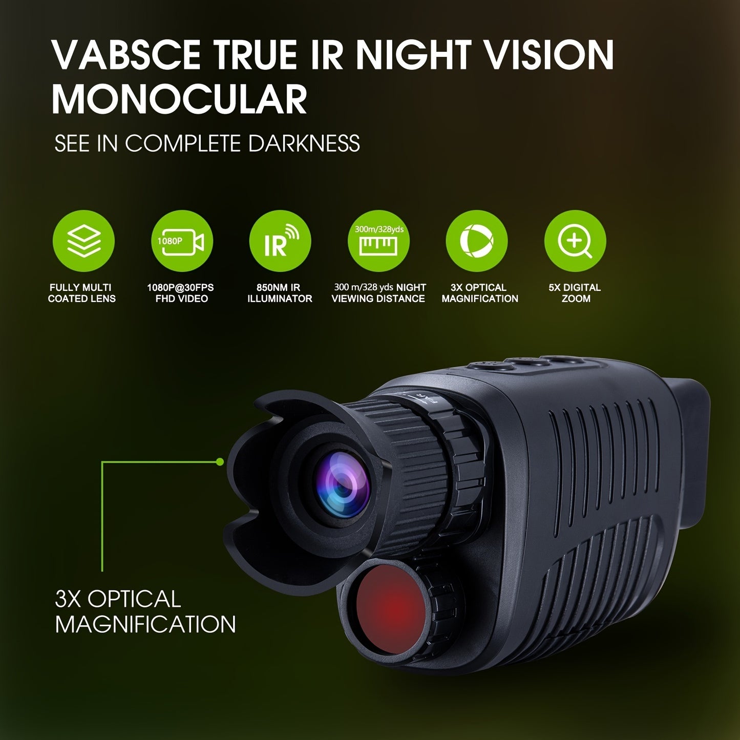 1080p Full HD Vabsce True Infrared Night Vision Monocular; Goggles For Seeing In Complete Darkness Long Distance For Hunting; Camping; Travel; Surveillance (32 GB Micro SD Card Included)