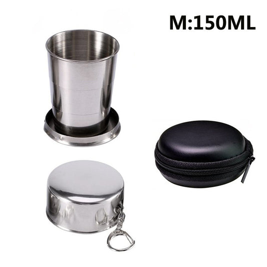 Stainless Steel Folding Cup; Portable Ultralight Collapsible Travel Cup; Outdoor Retractable Drinking Glass & EVA Case Set; Foldable Cup With Keychain Lid For Outdoor Camping Hiking Picnic