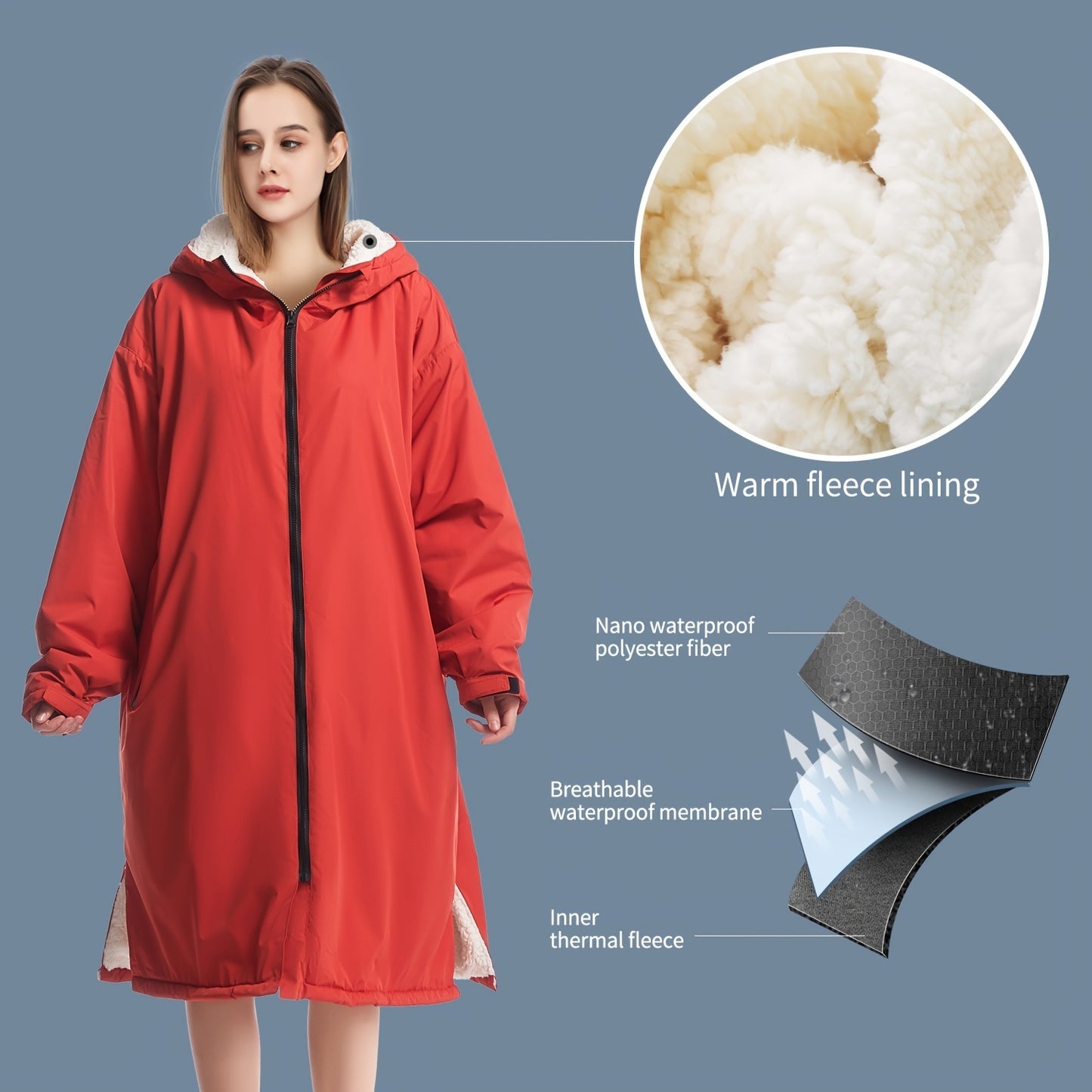 Mutao Waterproof Quick Dry Changing Robe; Long Sleeve Outdoor Windproof Changing Robe With Fleece Lining And Hooded For Swimming Surfing Diving Camping Hiking; Keep Warm And Dry